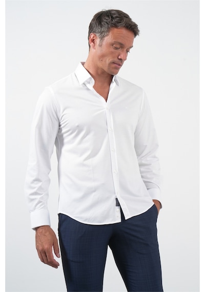 İmza Beyaz Tulum Yaka Uzun Kol Cepsiz Örme Slim Fit Pamuklu Gömlek 1004260208