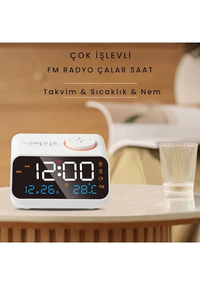 Shopytech Fm Radyo Dijital Çalar Saat Led Ekranlı Masa Saati Sıcaklık Nem Göstergesi 2 Usb Şarj Çıkı Beyaz