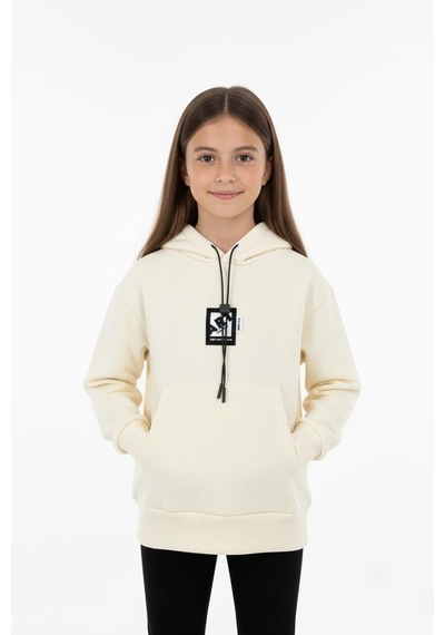 Kapüşonlu Art Baskılı Kanguru Cepli Kız Çocuk Sweatshirt-90849 Krem