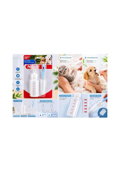 Yavru Kedi Ve Köpek Besleme Biberonu Seti 50 Ml 2 Silikon Emzik + Temizleme Fırçası - 1192648736609
