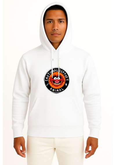 Bahriyeli Collection Kapüşonlu Emotional Support Animal Göğüs Baskılı Unisex Sweatshirt Beyaz