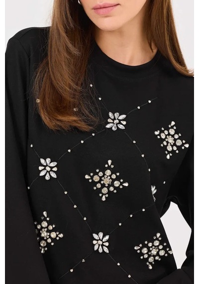 Kadın Yuvarlak Yaka Taşlı Sweatshirt - Siyah Siyah