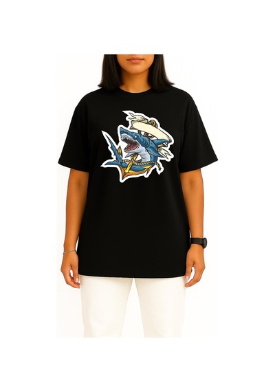 Bahriyeli Collection Oversize Köpekbalığı Ve Çapa Göğüs Ve Sırt Baskılı Unisex T-shirt Siyah