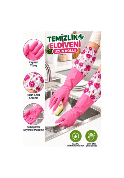 Uzun Kollu Temizlik Eldiveni Çiçek Desenli Su Geçirmez Bulaşık Eldiveni 18130285