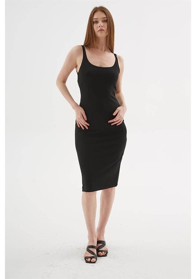 Fashion Friends Kare Yaka Midi Siyah Kadın Elbise 26y0299k1