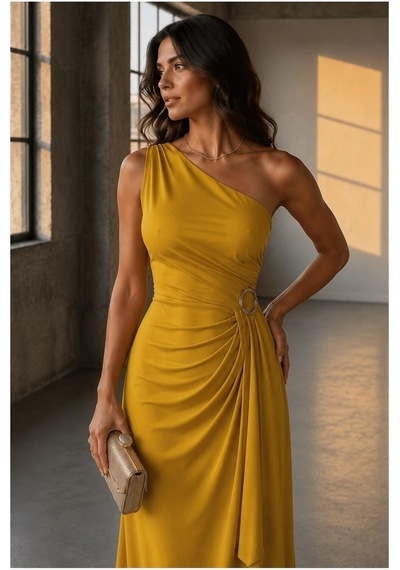 Lior Design Kadın Sade Tek Omuz Kemerli Maxi Abiye Elbise Sarı