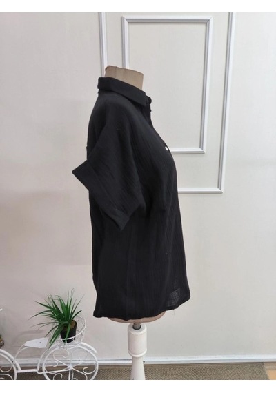Defymoda Kadın Kısa Kollu Yakalı Önü Düğmeli Müslim Gömlek Siyah