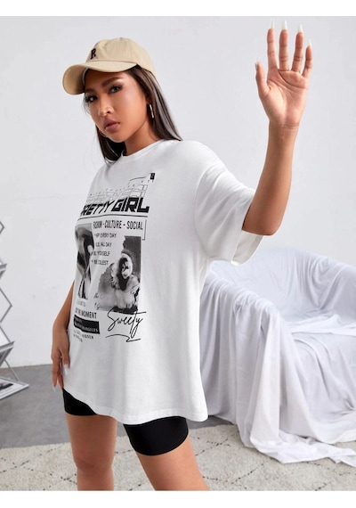 Unisex Beyaz Preetty Girtl Baskılı Oversize T-shirt 001