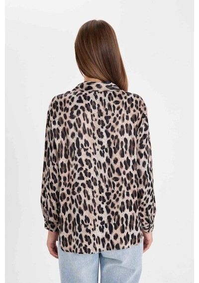 Defacto Regular Fit Leopar Desenli Poplin Uzun Kollu Gömlek D3148AX24AUBK81 Siyah