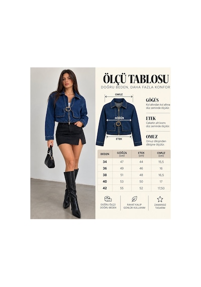 Zdnjeans Kadın Tokalı Crop Denim Kot Ceket Mavi