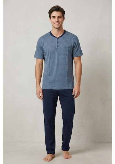 Mecit Pijama Mecit 4003 İndigo Büyük Beden Kısa Kollu Erkek Pijama Takımı