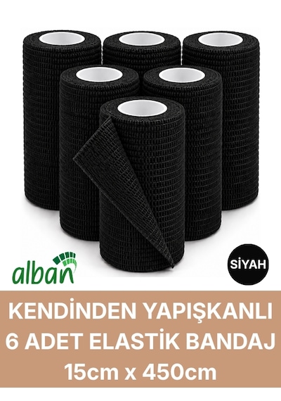 Set Kendinden Yapışkanlı Elastik Bandaj, Kohesiv Bandaj 15cm X 4.5m Spor, Bilek, Ayak Bileği, Veteriner Bandajı Siyah