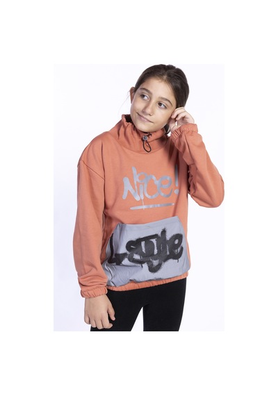 Toontoy Kız Çocuk Bol Yaka Reklektörlü Kanguru Cepli Sweatshirt Kiremit