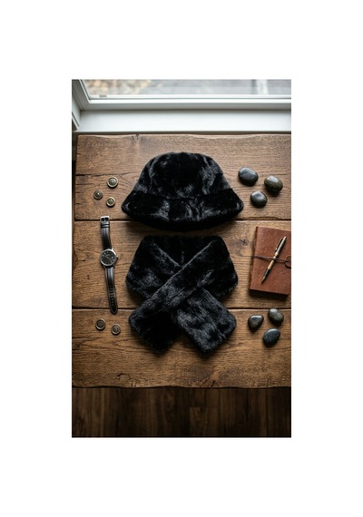Emybox Kadın Lüks İthal Kürk Bucket Şapka Ve Boyunluk Atkı Takımı Peluş Soft Şapka Seti Kışlık Aksesuar Siyah