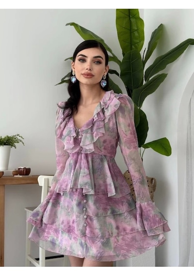Defymoda Elose Fırfırlı Elbise Desenli