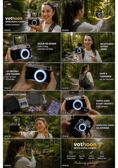 4k Çantalı Dijital Retro Video Kamera 48mp 16x Zoom Işıklı 32gb Kart Dijital Fotoğraf Makinesi Sarı