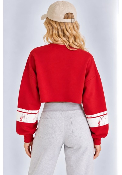 Mevese Malibu Baskılı Rahat Kesim Bisiklet Yaka Crop Sweatshirt - Kırmızı