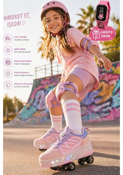 Muggo Sky Çocuk Işıklı Patenli Tekerlekli Sneaker Spor Ayakkabı Pudra