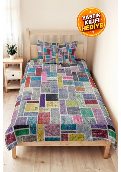 Geometrik Gri Renkli Tek Kişilik Pike - Bohem Patchwork Çok Renkli Mevsimlik Yatak Örtüsü 160x220 Cm Kırçıllı Meşe Örtüsü