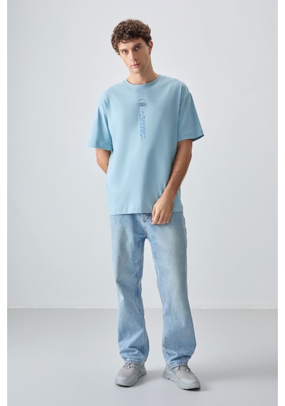 Air Jones Tommy Life Açık Mavi %100 Pamuk Kalın Yumuşak Dokulu Oversize Fit Baskılı Erkek T-shirt - 88355 Açik Mavi