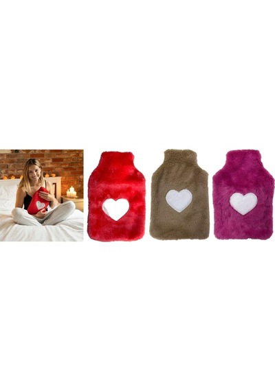 Sıcak Su Torbası 3 Adet,peluş Kalpli,termofor 26x17x2cm 1 Litre Pembe-koyu Pembe-bej