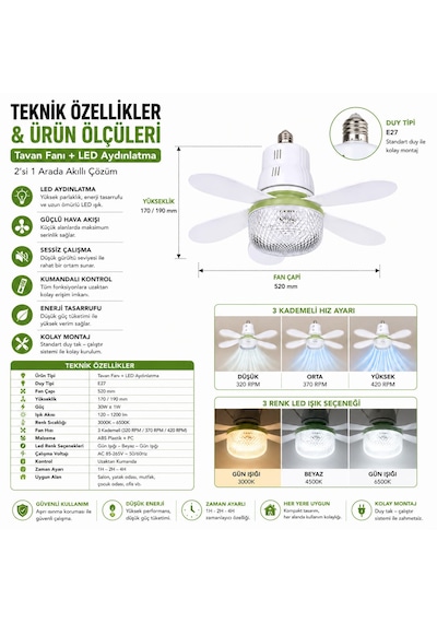 Tavan Fanı + Led Aydınlatma E27 Duy 3 Kademeli Kumandalı Sessiz Mini Tavan Vantilatörü 520mm