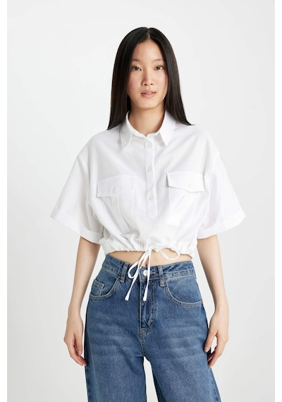 DeFacto Cropped Fit Gömlek Yaka Keten Karışımlı Kısa Kollu Bluz C6812AX24SMWT34