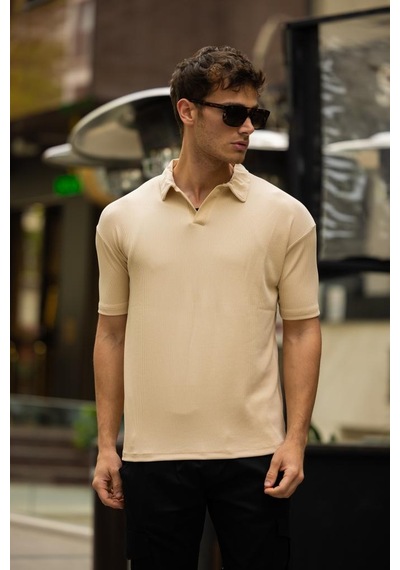 Glasses V Yaka Oversize Fitilli T-shirt - Bej Kahve