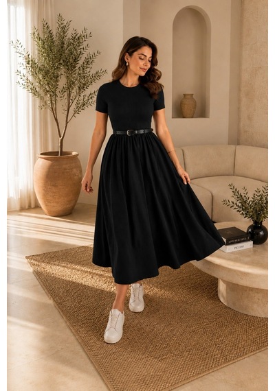 Unika Boutique Kadın Kemerli Poplin Midi Elbise Siyah