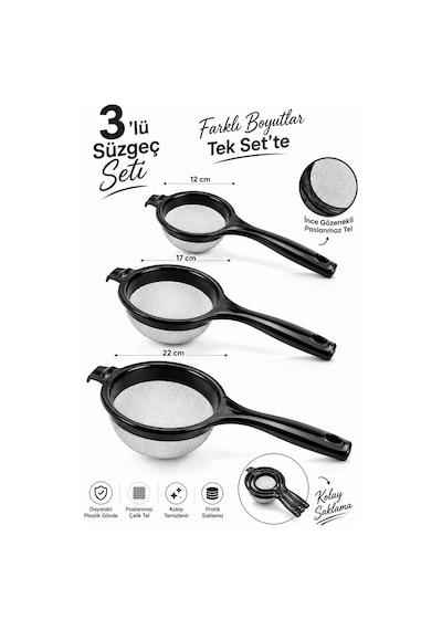 Porsima Et-00120 Tencereye Takılabilen 3 Boy Tel Süzgeç Seti