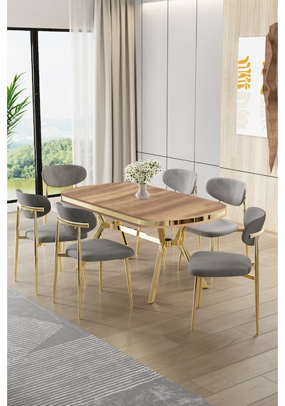Canisa Olya Serisi 90x168 Lak Panel Hazar Masa Takımı Gold Ayaklı 6 Gri Sandalye Hazar Masa Gri Sandalye Canisa Olya Serisi 90x168 Lak Panel Hazar Masa Takımı Gold Ayaklı 6 Gri Sandalye Hazar Masa Gri Sandalye