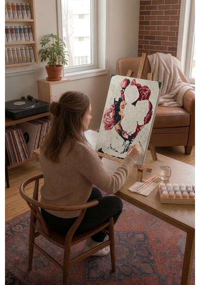 Sayılarla Boyama Seti 40 x 50 CM Tuval Şasesine Gerili Çiçekli Kadın