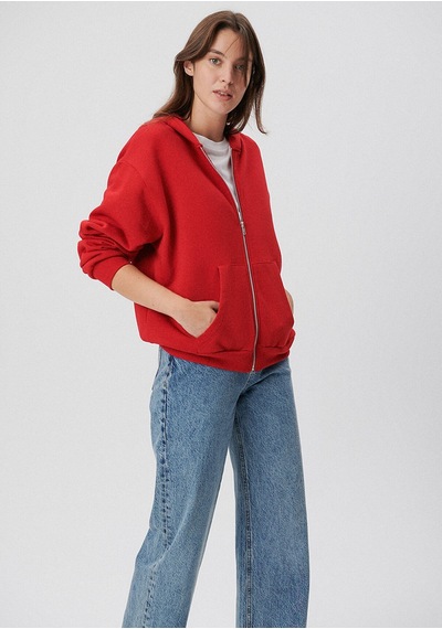 Mavi - Fermuarlı Kapüşonlu Kırmızı Basic Sweatshirt 1611775-82054 Kırmızı