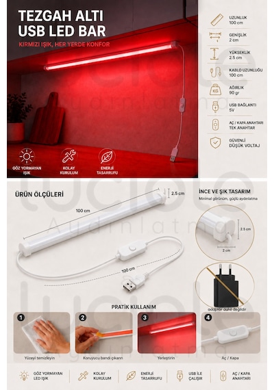 Kırmızı Usb Led Bar 100 Cm Yapışkanlı Anahtarlı Dolap Tezgah Raf Dekoratif Aydınlatma