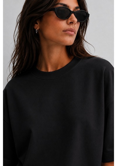 Modivibe Kadın Oversize T-shirt Kalın Dokulu %100 Pamuk Geniş Kesim Siyah