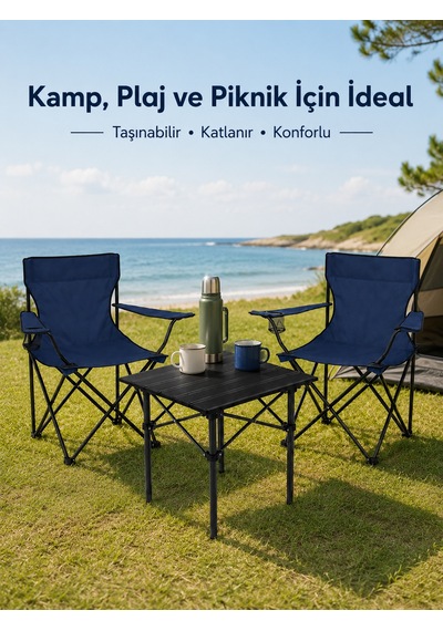 2 Sandalyeli Katlanır Kamp Seti 52 Cm Masa Ve Sandalye Lacivert