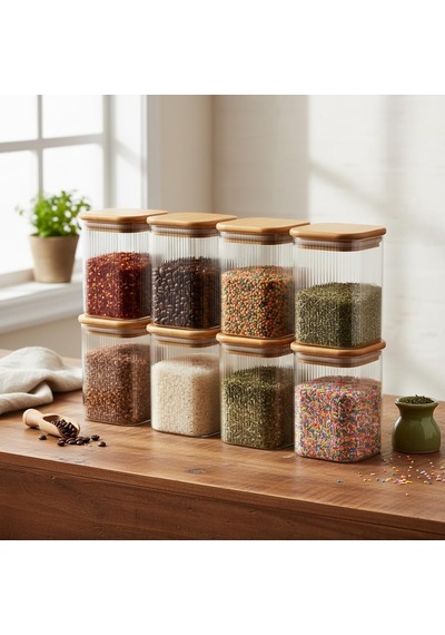 6'lı Set 275 Ml Bambu Kapaklı Kare Cam Kavanoz - Vakumlu Mini Boy Çekmece İçi Baharatlık Ve Şeffaf Saklama Kabı Organizatörü 6x8 Cm