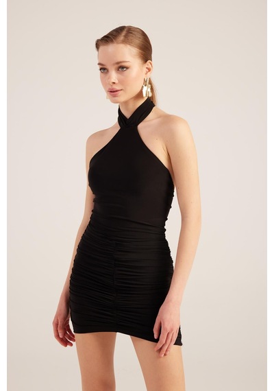 Holly Lolly Halter Yaka Büzgülü Mini Perla Elbise Siyah