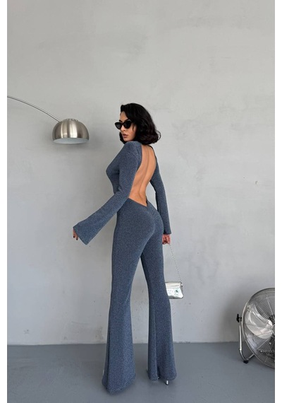 Neşeli Butik Kadın İndigo Dekolteli Novel Sim Maxi Tulum Nbdf118