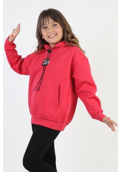 Kapüşonlu Art Baskılı Kanguru Cepli Kız Çocuk Sweatshirt-90847 Fuşya