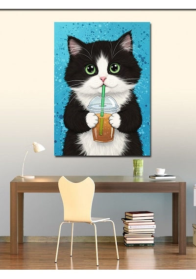 Kanvas Tablo Limonata İçen Şirin Kedi 50cmx70cm