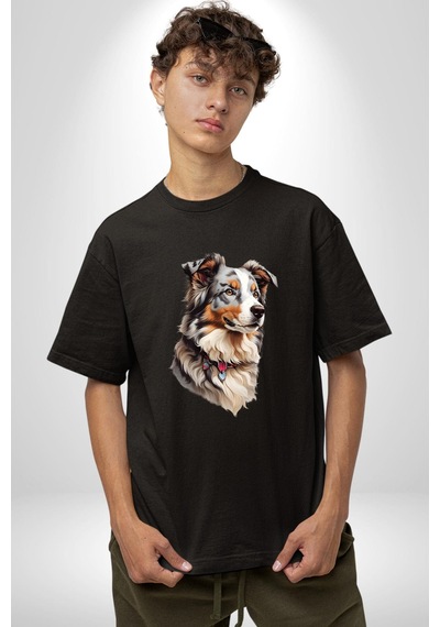 Australian Shepherd Köpek Pamuklu Bisiklet Yaka Unisex Oversize Boyfriend Dijital Baskılı Siyah T-shirt Siyah