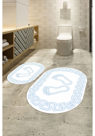 Buççin Online Mağaza Dijital Baskılı Kaymaz Yıkanabilir Ayak Desen Oval Banyo Takımı Klozet Takımı Polyester Beyaz Çok Renkli