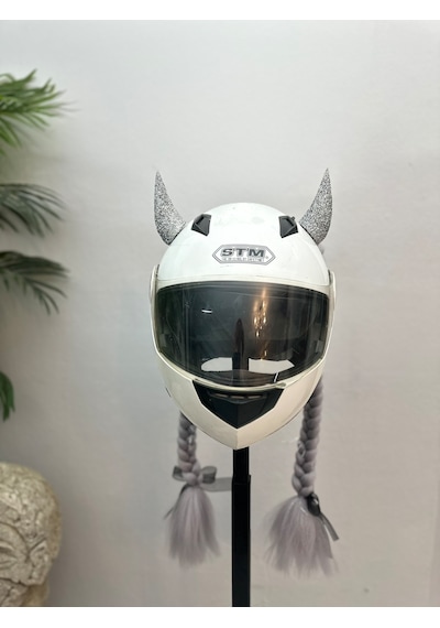Motor & Motosiklet Gri Simli Çift Örgü Saç Ve Hologramlı Şeytan Boynuzlu Set Kask Dış Aksesuarı Diğer