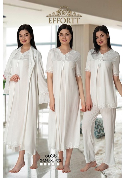 Effort Pijama Effortt 5036 Ekru Dantel Yaka Lohusa Hamile 4'lü Set Ekru