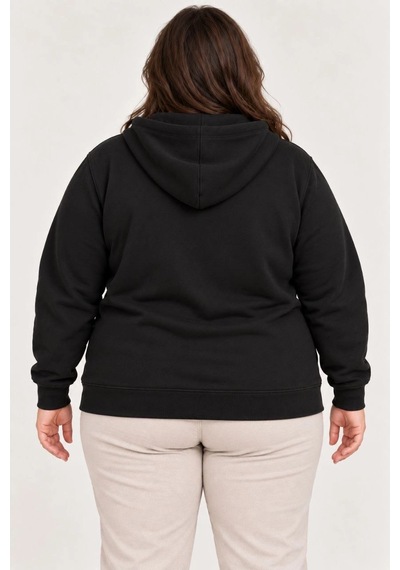 Moda Kadın Battal Büyük Beden Üç İplik İçi Şardonlu Kapüşonlu Tam Fermuarlı Kışlık Sweatshirt - Siyah Çok Renkli
