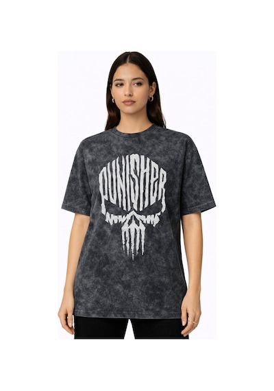 Punisher Dizi Baskılı Unisex Oversize Vintage Yıkamalı Tişört Siyah