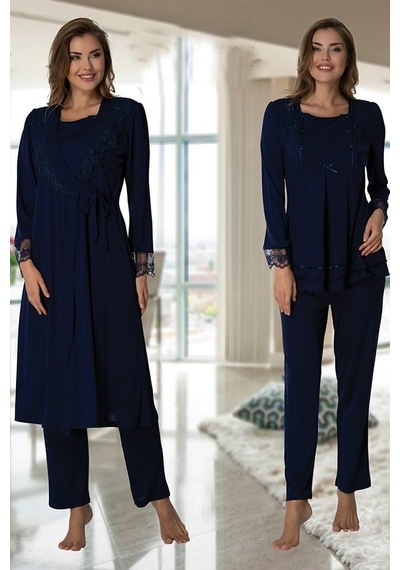 Effortt Effort Lacivert Beli Ayarlanabilir Lohusa Hamile Sabahlıklı Pijama Takımı Lacivert