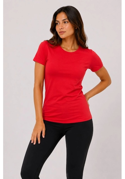 Primemagazam Kadın Basic Tişört Bisiklet Yaka Kısa Kol Günlük Yazlık Slim Fit T-shirt - Kırmızı Çeşitli