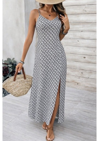 Butik İstanbul Kadın Ip Askılı V Yakalı Yırtmaçlı Uzun Süprem Elbise Beyaz